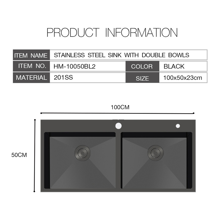 KOCH KITCHEN อ่างล้างจาน 2 หลุมไม่มีที่พัก 50x100x23 ซม. HM-10050BL2 สีดำ