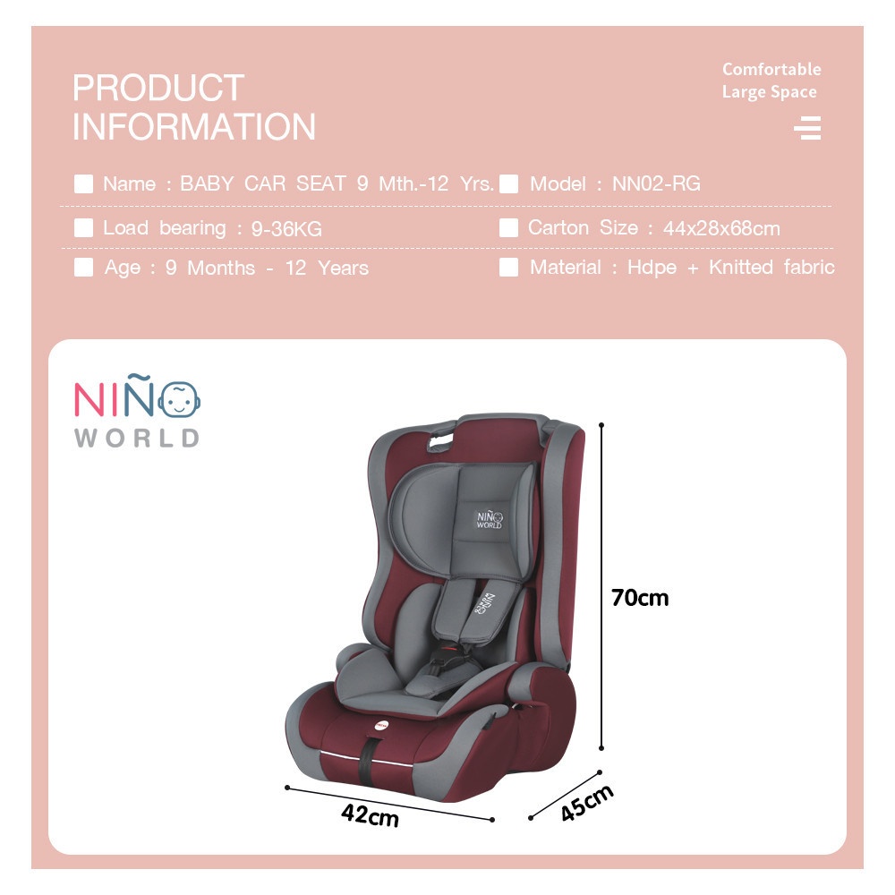NINO WORLD คาร์ซีทเด็ก 9 เดือน - 12 ขวบ รุ่น NN02-RG ขนาด 45X42X70 ซม. สีแดง-เทา