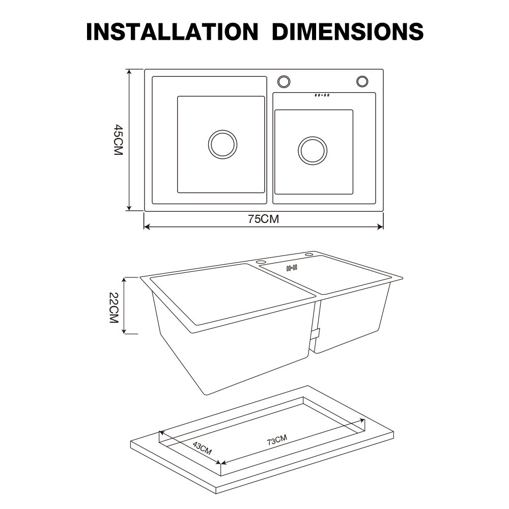 CLOSE อ่างล้างจาน 2 หลุมไม่มีที่พัก SS304 75x45x22 ซม. ATHENS-75