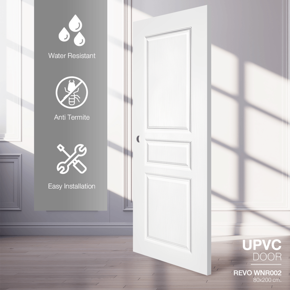 WELLINGTAN ประตู UPVC รุ่น WT002N (สำหรับใช้ภายนอก) ลูกฟัก ขนาด 80x200 ซม. สีขาว (เจาะลูกบิด)