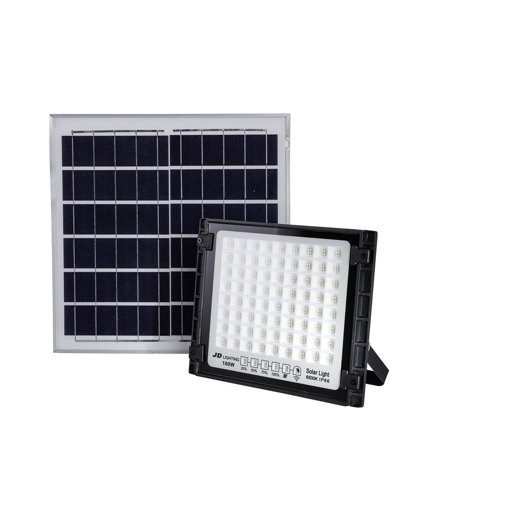 JD โคมไฟสปอร์ตไลท์โซลาร์เซลล์ 100W พร้อมรีโมท รุ่นJDTGD-88100W+รีโมท IP65 แสงวอร์มไวท์
