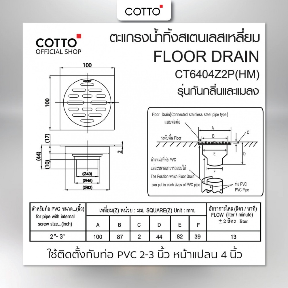 COTTO ตะแกรงน้ำทิ้งสเเตนเลสเหลี่ยมหน้าแปลน 4 นิ้ว รุ่น CT6404Z2P(HM)