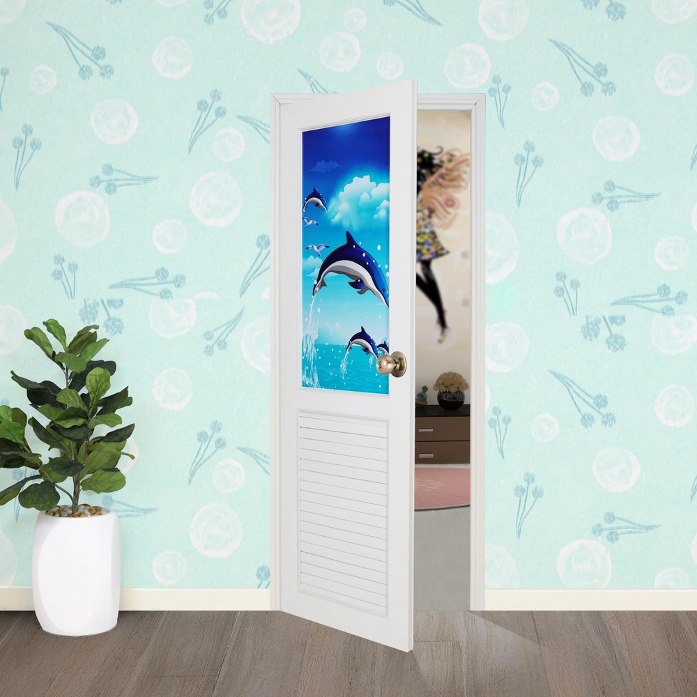 WELLINGTAN ประตู UPVC พร้อมวงกบ ติดภาพลายปลาโลมา รุ่น T-01 ขนาด 70x200 ซม. สีขาว (ไม่เจาะรูลูกบิด)