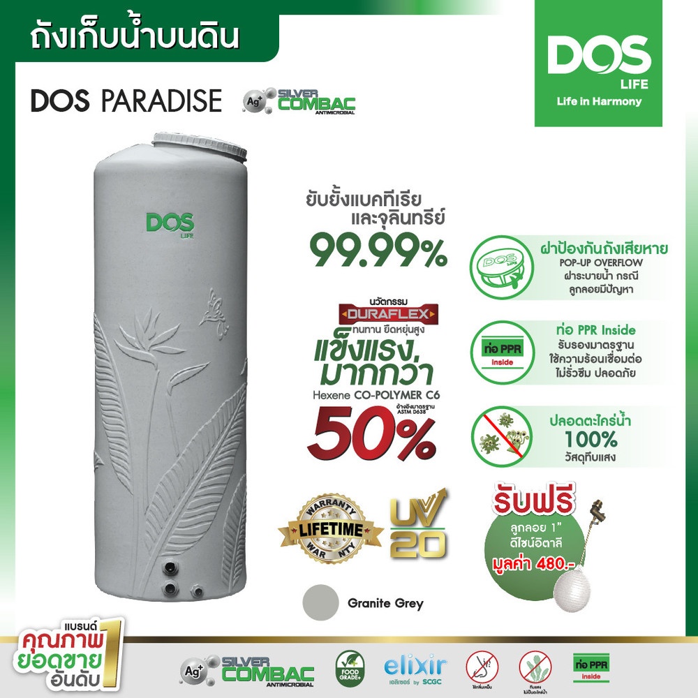 DOS ถังเก็บน้ำบนดินลายแกรนิต Paradise Silver Combac ขนาด 700L สี Granite Gray