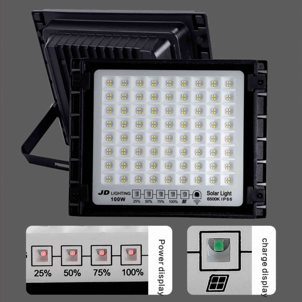 JD โคมไฟสปอร์ตไลท์โซลาร์เซลล์ 100W พร้อมรีโมท รุ่นJDTGD-88100W+รีโมท IP65 แสงวอร์มไวท์