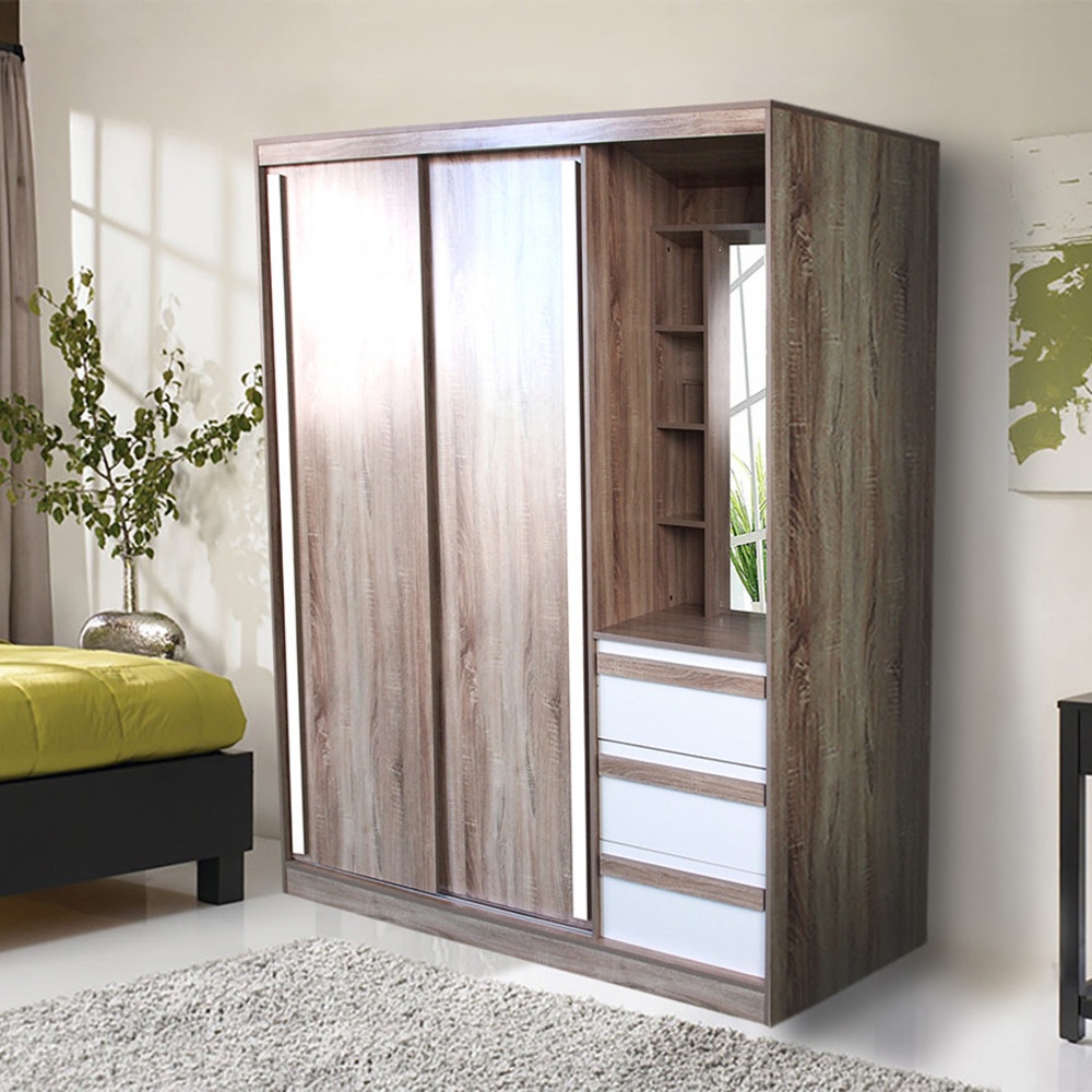 DELICATO ตู้เสื้อผ้าสองบานเลื่อน โต้ะเครื่องแป้งในตัว รุ่น อปาเช่ ขนาด180x60x200 ซม. สีทูโทนน้ำตาล/ขาว