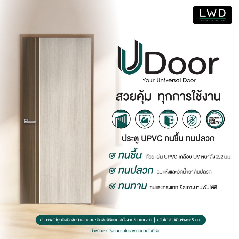 LWD ประตู UDoor UPVC สี Brownie Oak+Tango ยาแนวสีขาว ขนาด 3.5x80x200 ซม.