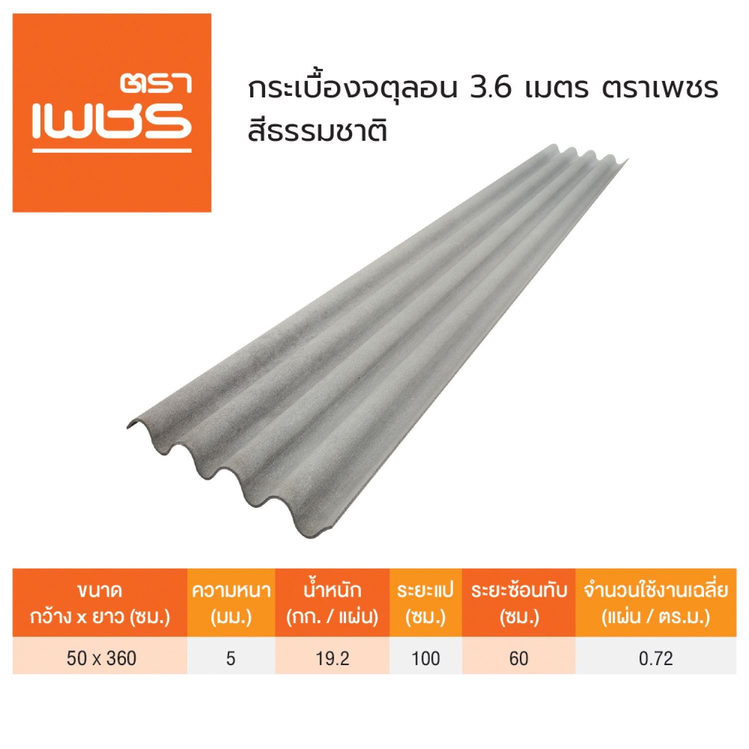ตราเพชร กระเบื้องจตุลอน 0.5x50x360ซม. สีธรรมชาติ