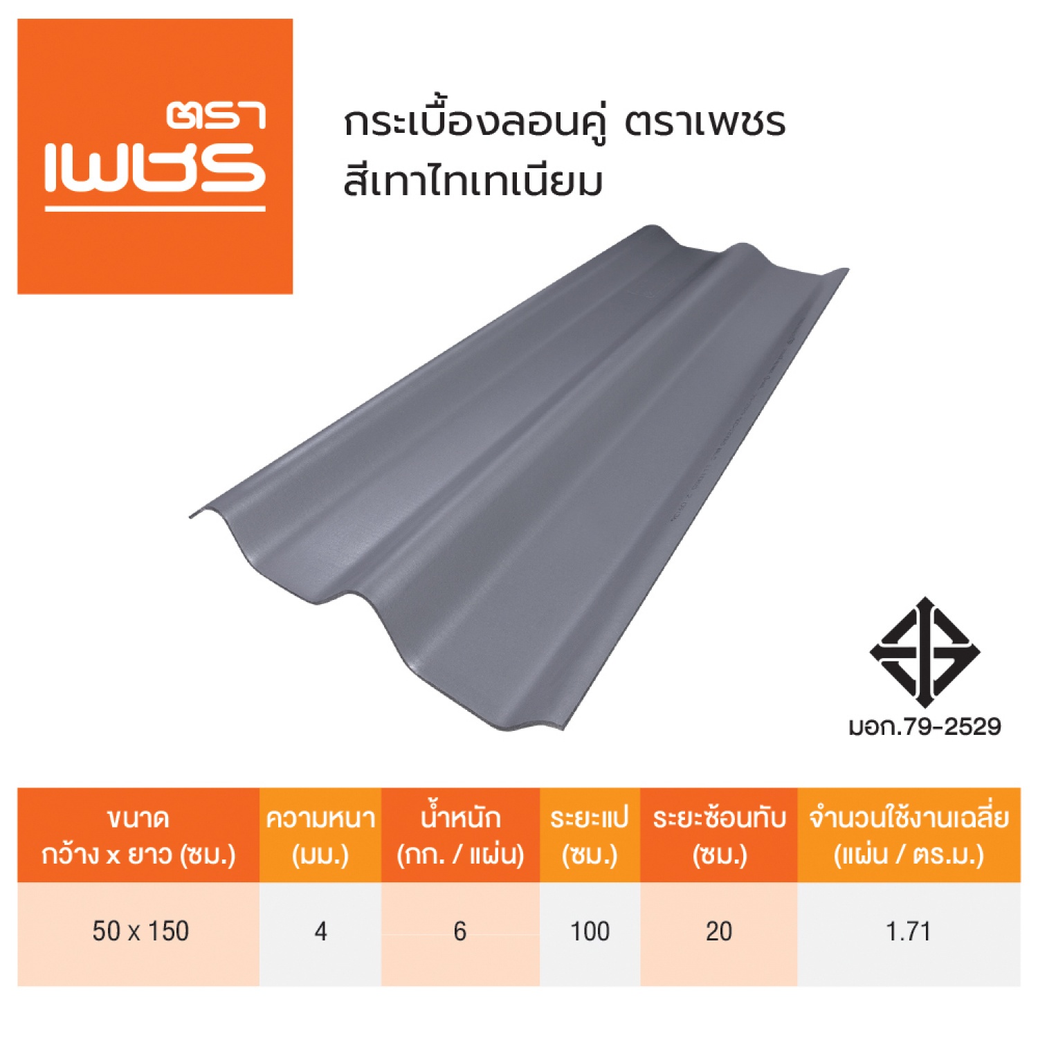 ตราเพชร กระเบื้องหลังคาลอนคู่ 0.4x50x150 ซม. สีเทาไทเทเนียม