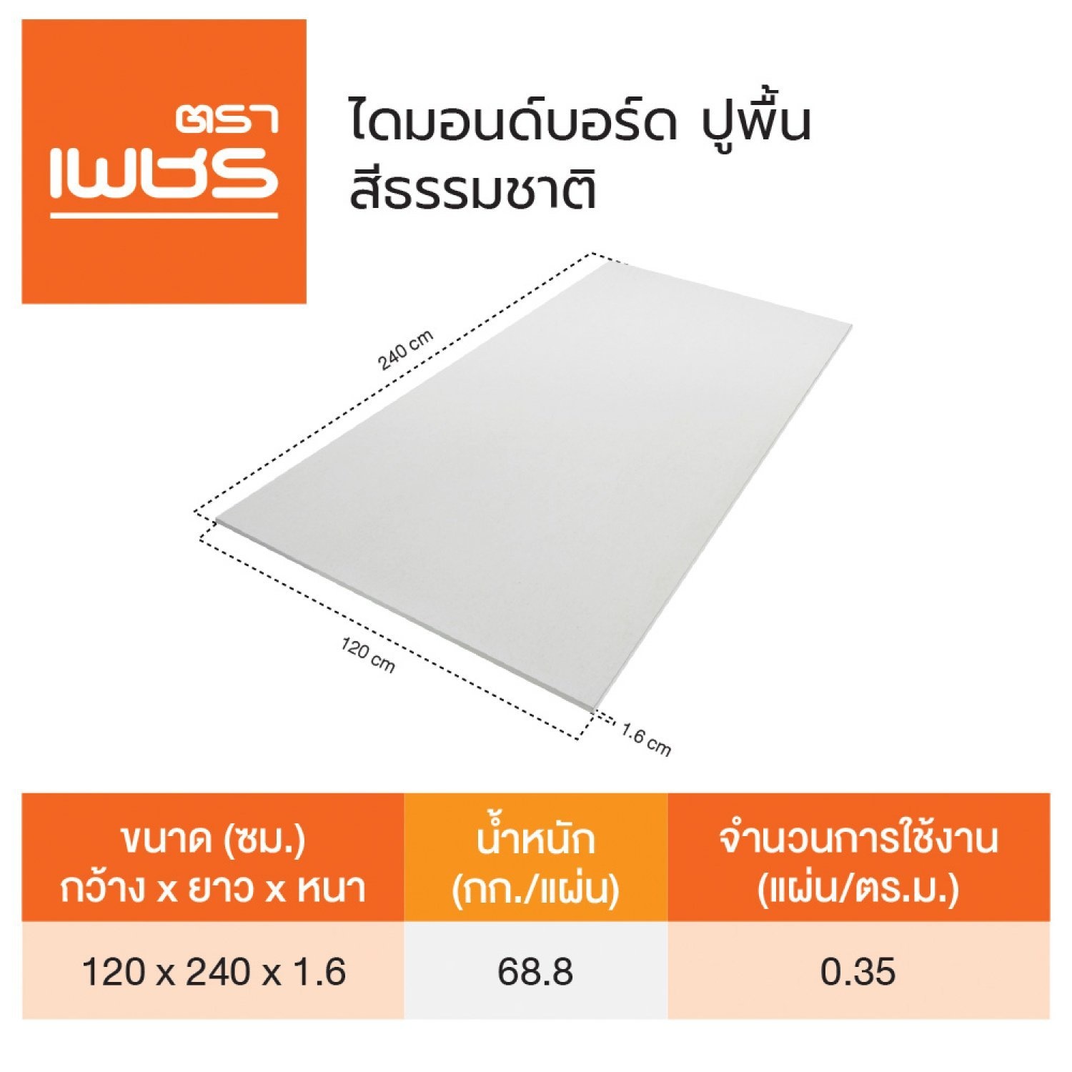 ตราเพชร บอร์ดปูพื้น 1.6x120x240ซม. สีธรรมชาติ