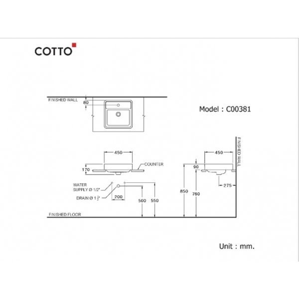 COTTO อ่าางล้างหน้าชนิดวางบนเคาน์เตอร์ รุ่น GEO Square C00381