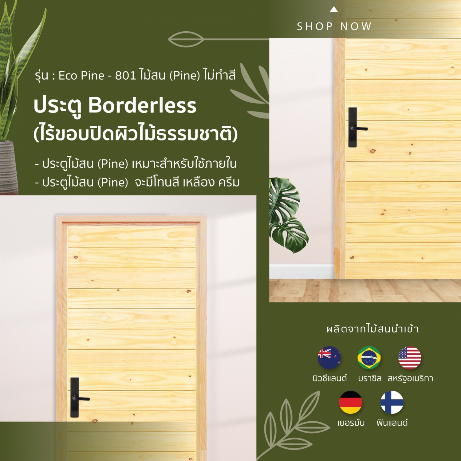 D2D ประตูไม้สน (Pine) บานทึบทำร่อง Borderless รุ่น Eco Pine-801 ขนาด 80x220 ซม.