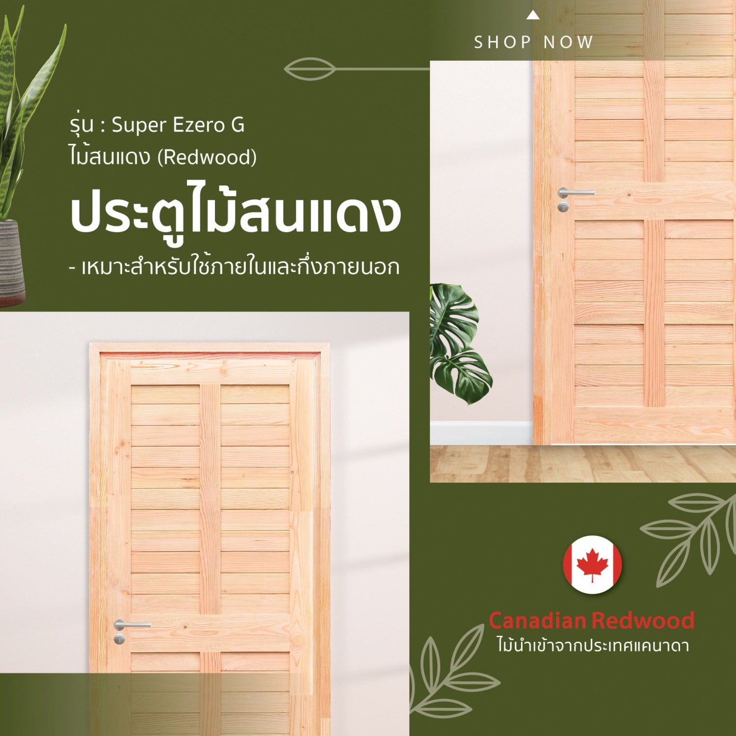 D2D ประตูไม้สนแดง (Redwood) รุ่น Super Ezero G ขนาด 80x200 ซม. ไม่ทำสี