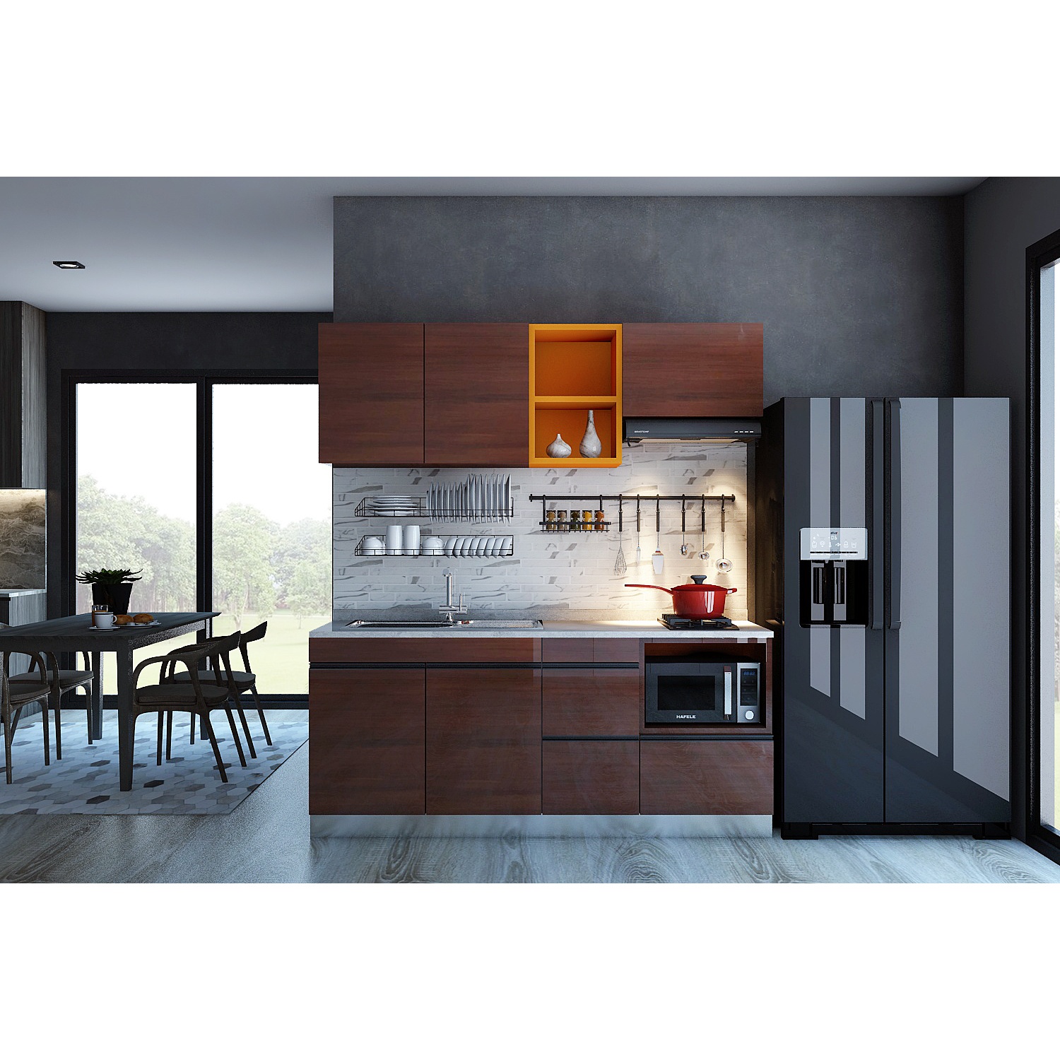 MJ KITCHEN ชุดครัวสำเร็จรูป HG-CS01850X-WN ขนาด 185 ซม. สีวอลนัท