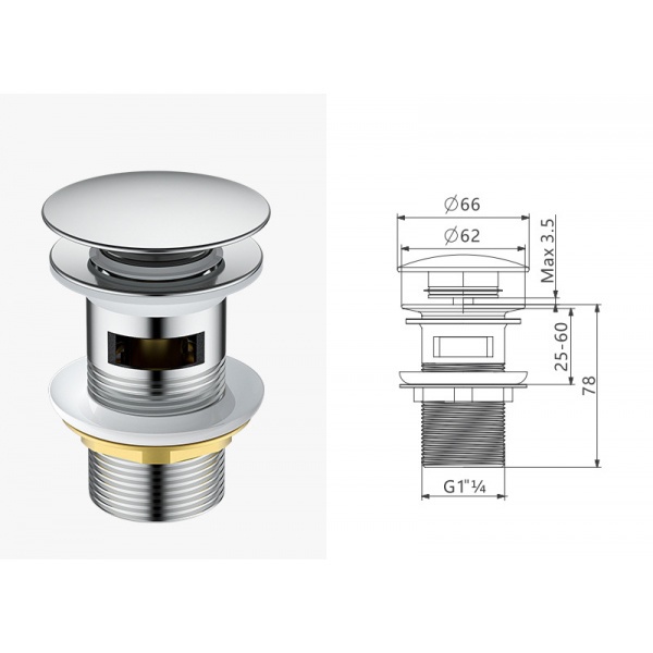 Verno สะดืออ่างล้างหน้าสแตนเลส 304แบบกด Pop-Up หัวใหญ่ มีรูน้ำล้น รุ่น XS-1901-05