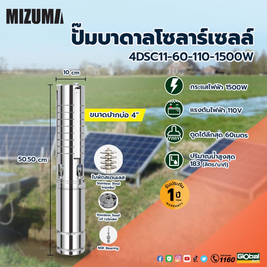 MIZUMA ปั๊มซับเมอร์สโซล่าเซลล์ 4นิ้ว 1500W รุ่น4DSC11-60-110-1500 ใบพัดสเตนเลส
