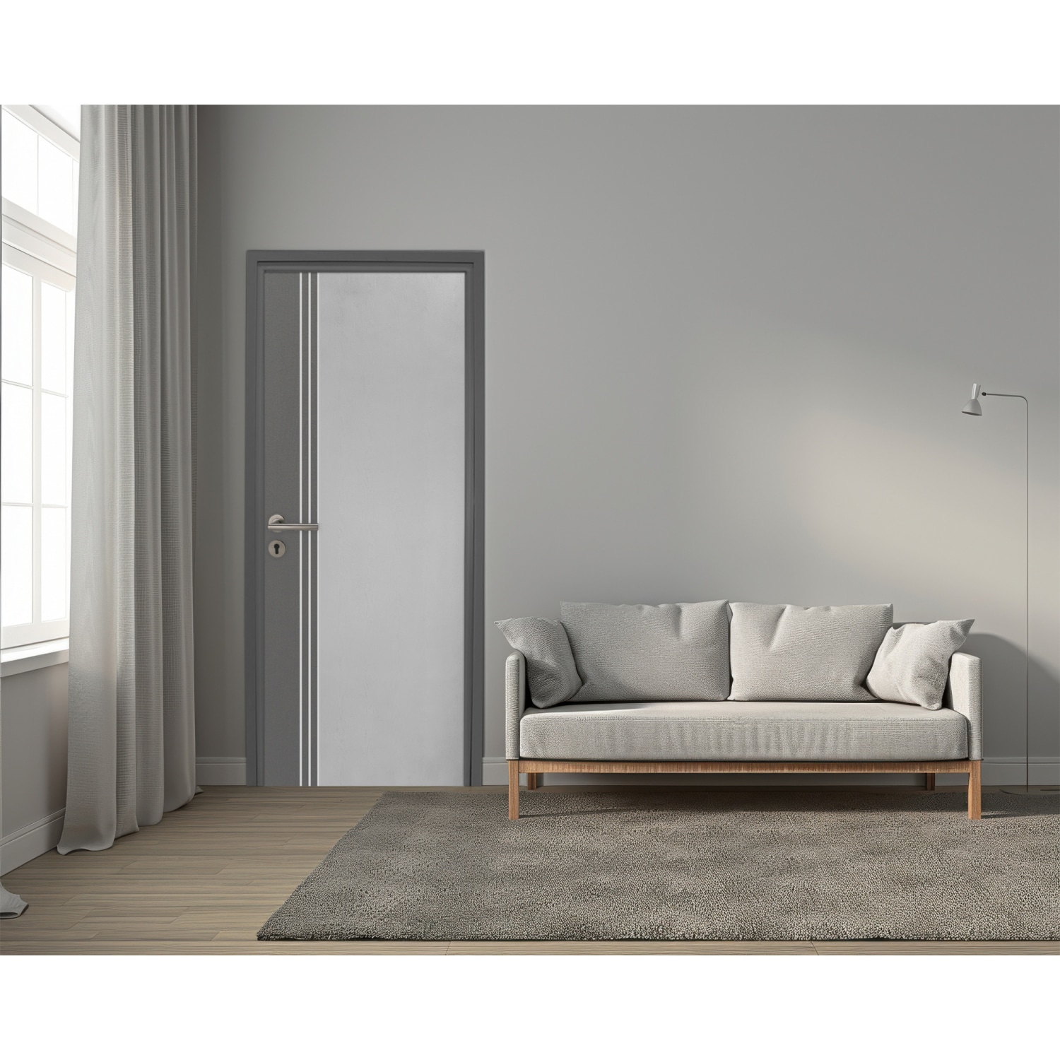 WELLINGTAN ประตู UPVC รุ่น WT028M (สำหรับใช้ภายนอก) เซาะร่อง ขนาด 80x200 ซม. สีทูโทน ขาว/เทา (เจาะลูกบิด)
