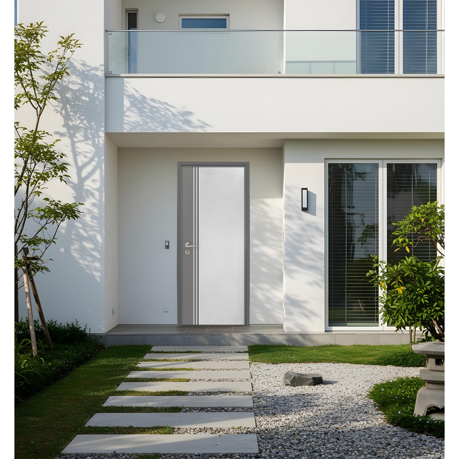 WELLINGTAN ประตู UPVC รุ่น WT028M (สำหรับใช้ภายนอก) เซาะร่อง ขนาด 80x200 ซม. สีทูโทน ขาว/เทา (เจาะลูกบิด)