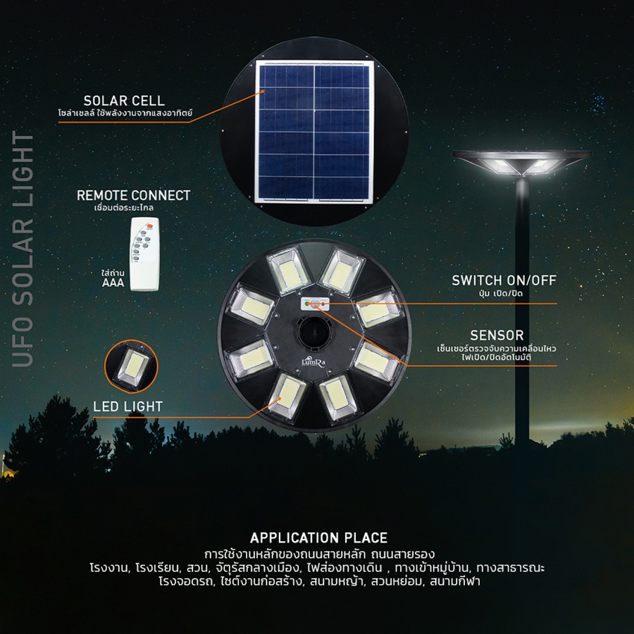LUMIRA โคมไฟสนาม UFO โซลาร์เซลล์ พร้อมรีโมท 700 W แสงเดย์ไลท์ สีดำ (เฉพาะตัวโคม)