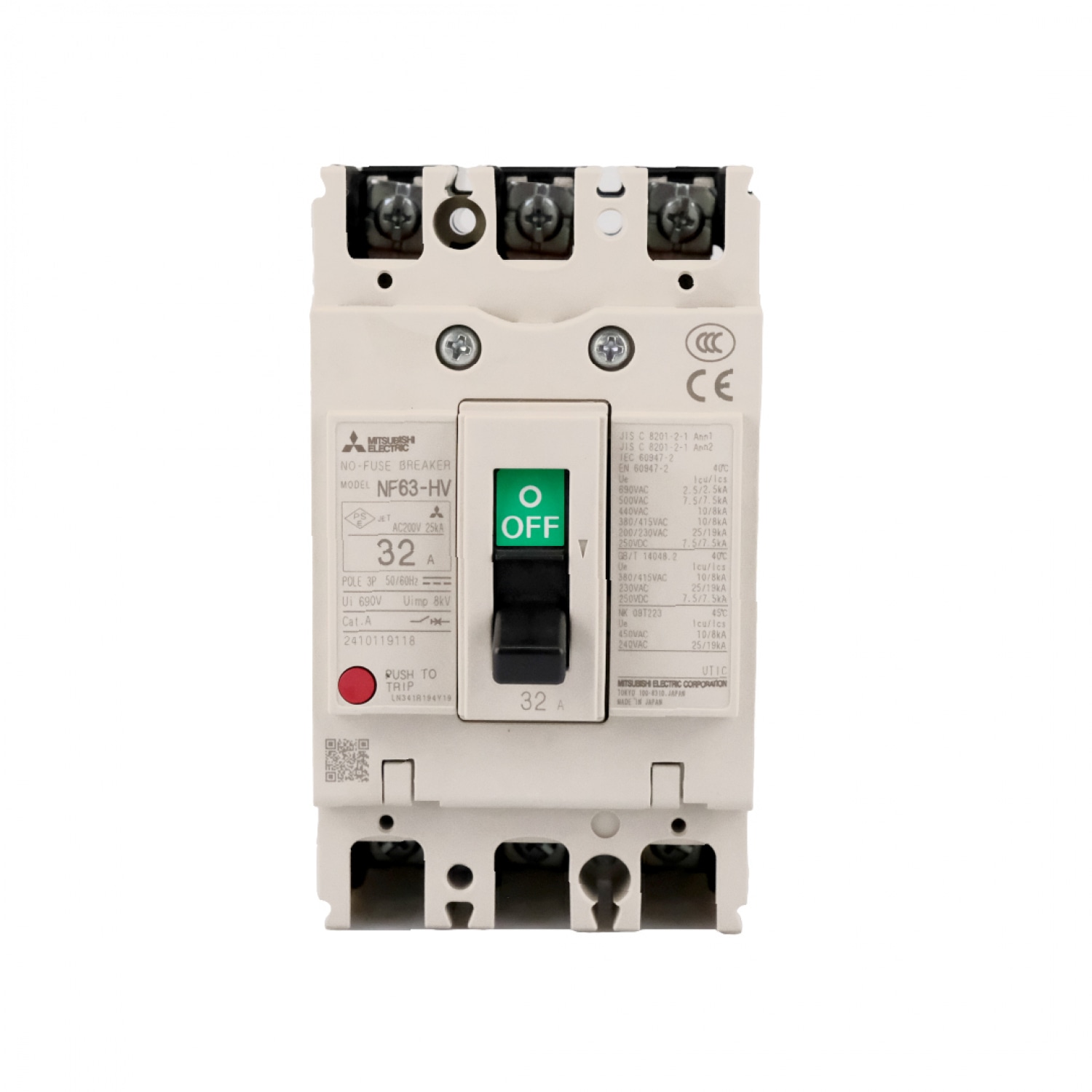 MITSUBISHI สวิตช์ตัดตอน BREAKER NF63 MITSUBISHI HV10/32 380 V Model NF63HV-3P32A-MT