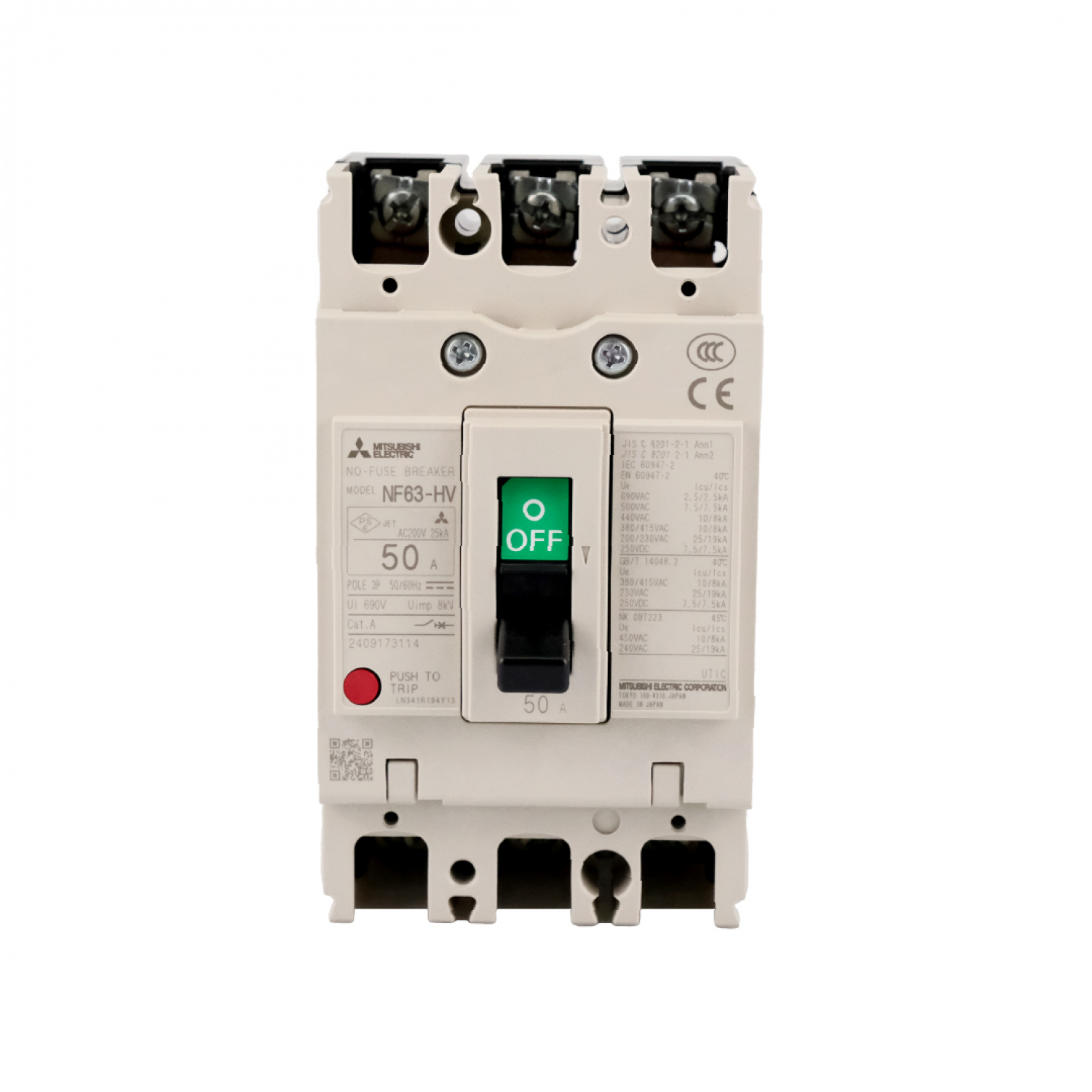 MITSUBISHI สวิตช์ตัดตอน BREAKER NF63 MITSUBISHI HV10/50 380 V Model NF63HV-3P50A-MT