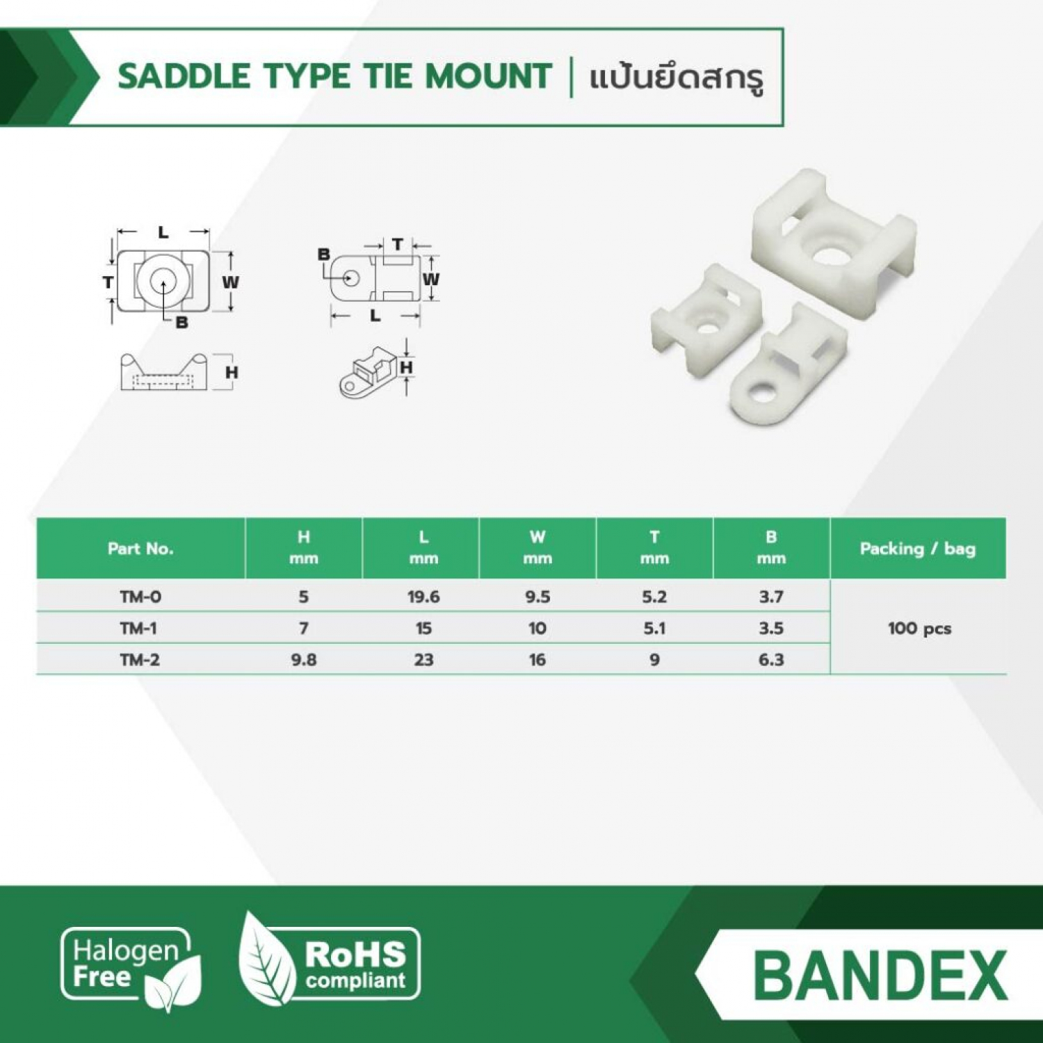 BANDEX แป้นยึดสกรู/Saddle Type Tie Mount ขนาด 9 x 23 x 16 (20 pcs.) สีขาว