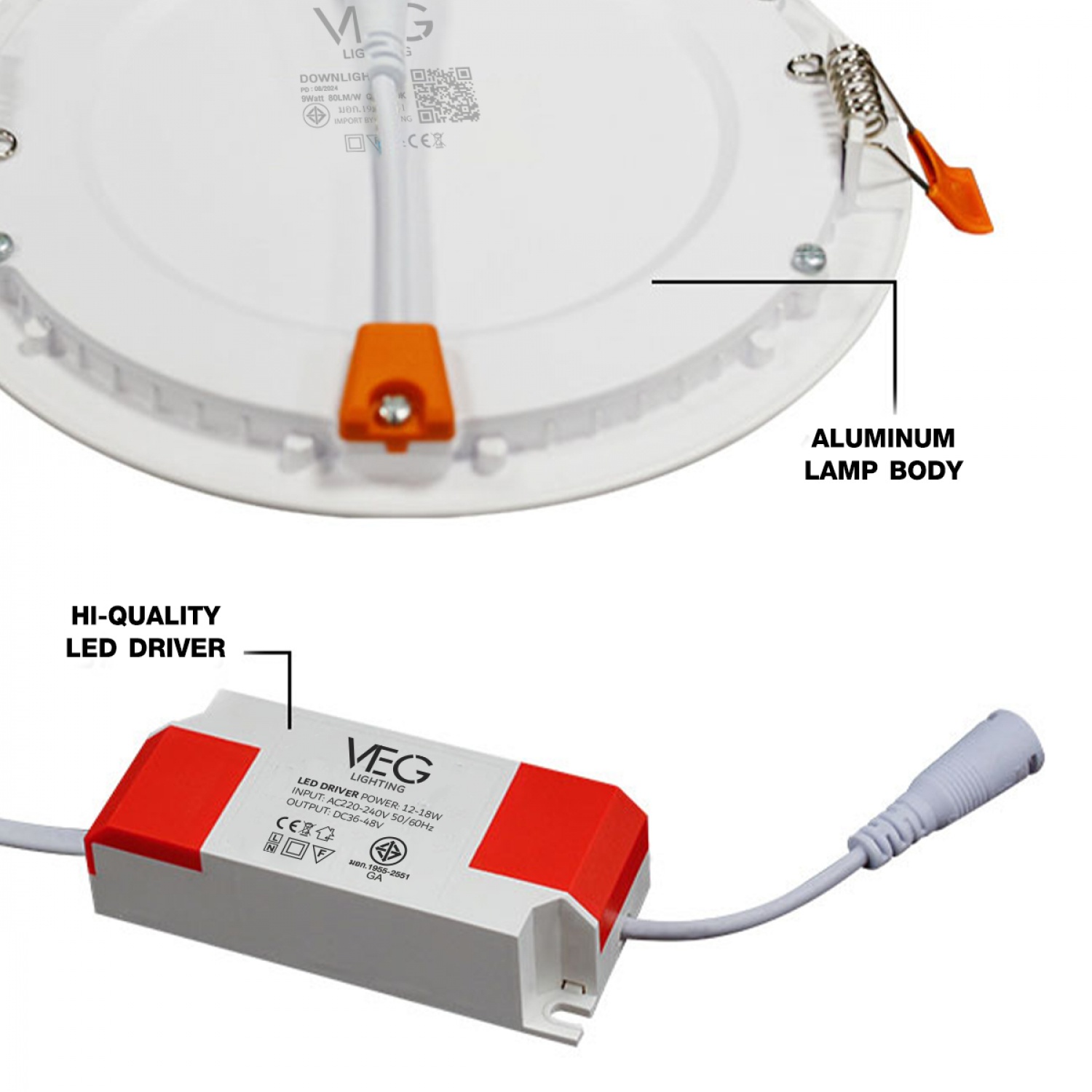 V.E.G.lighting โคมดาวน์ไลท์ อลูมิเนียม ทรงกลม 5นิ้ว 9W แสงวอร์ม ขอบสีขาว