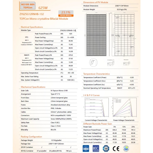 GT แผงโซล่าเซลล์ 625W MONOCRYSTALLINE รุ่น ZY625G12RNHB-132(625W) Dual Glass 2382x1134x30mm