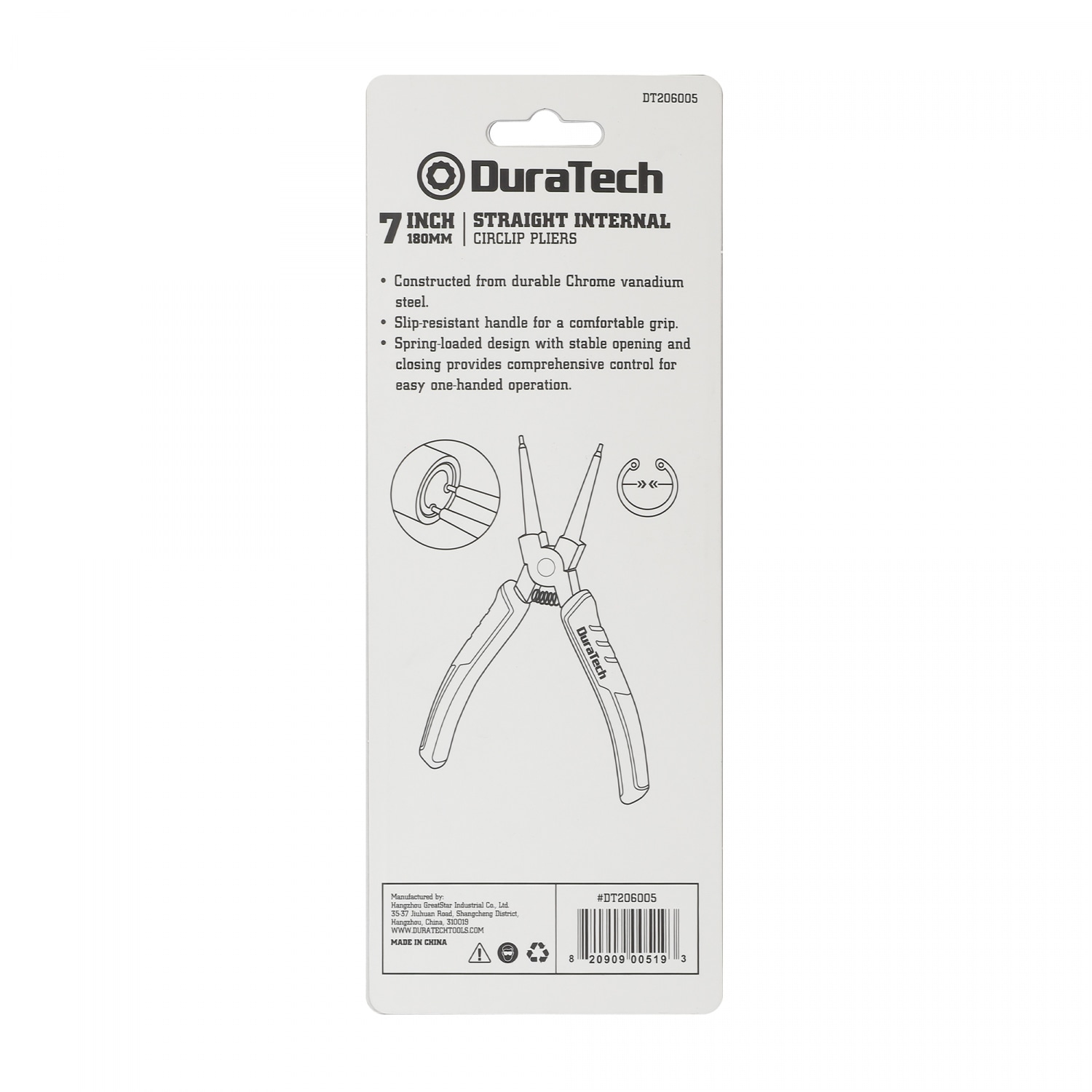 Duratech คีมหนีบแหวนปากตรง ขนาด 180 มม. (7 นิ้ว) รุ่น DT206005