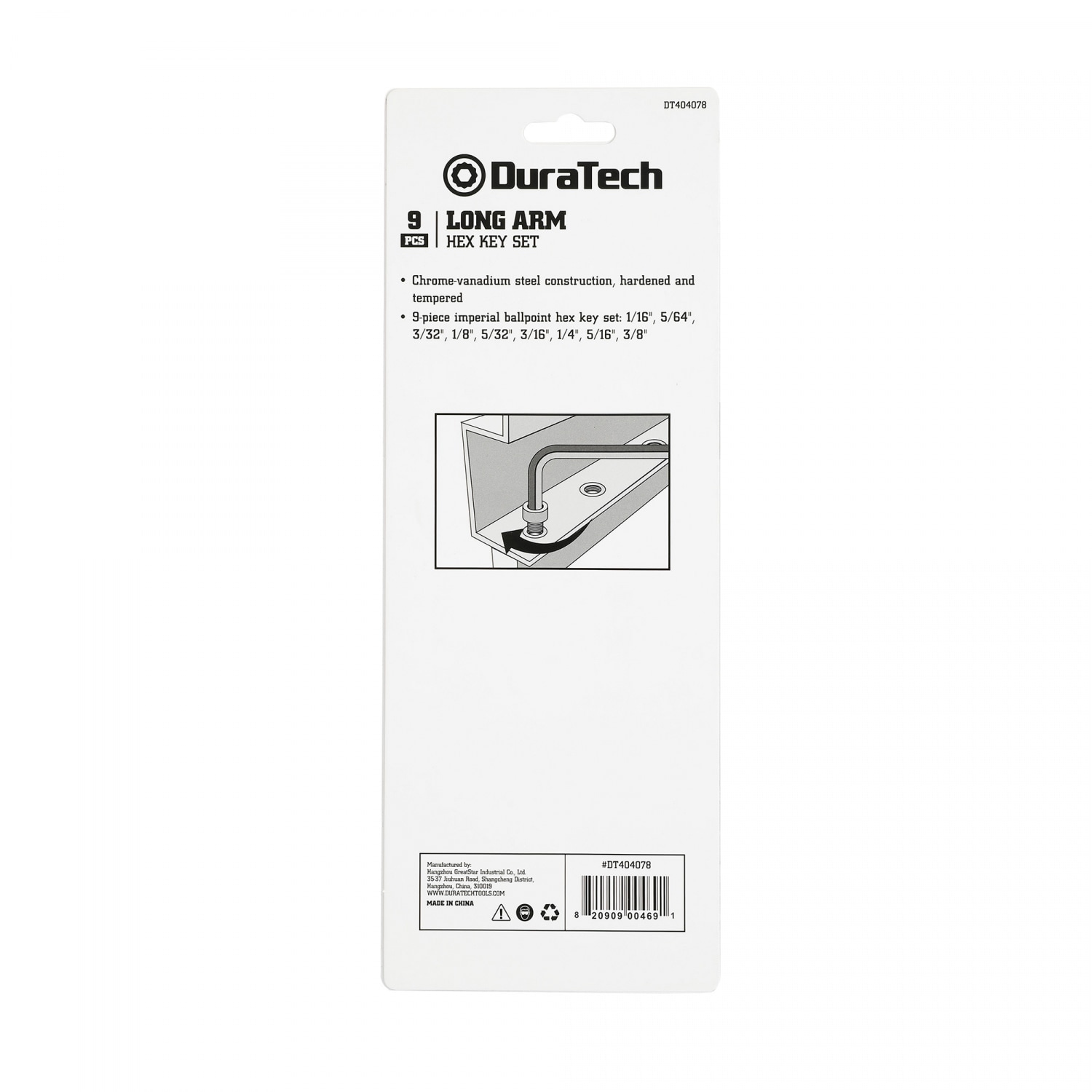 Duratech ชุดประแจหกเหลี่ยมหัวบอล 9 ชิ้น แบบยาว (SAE) รุ่น DT404078