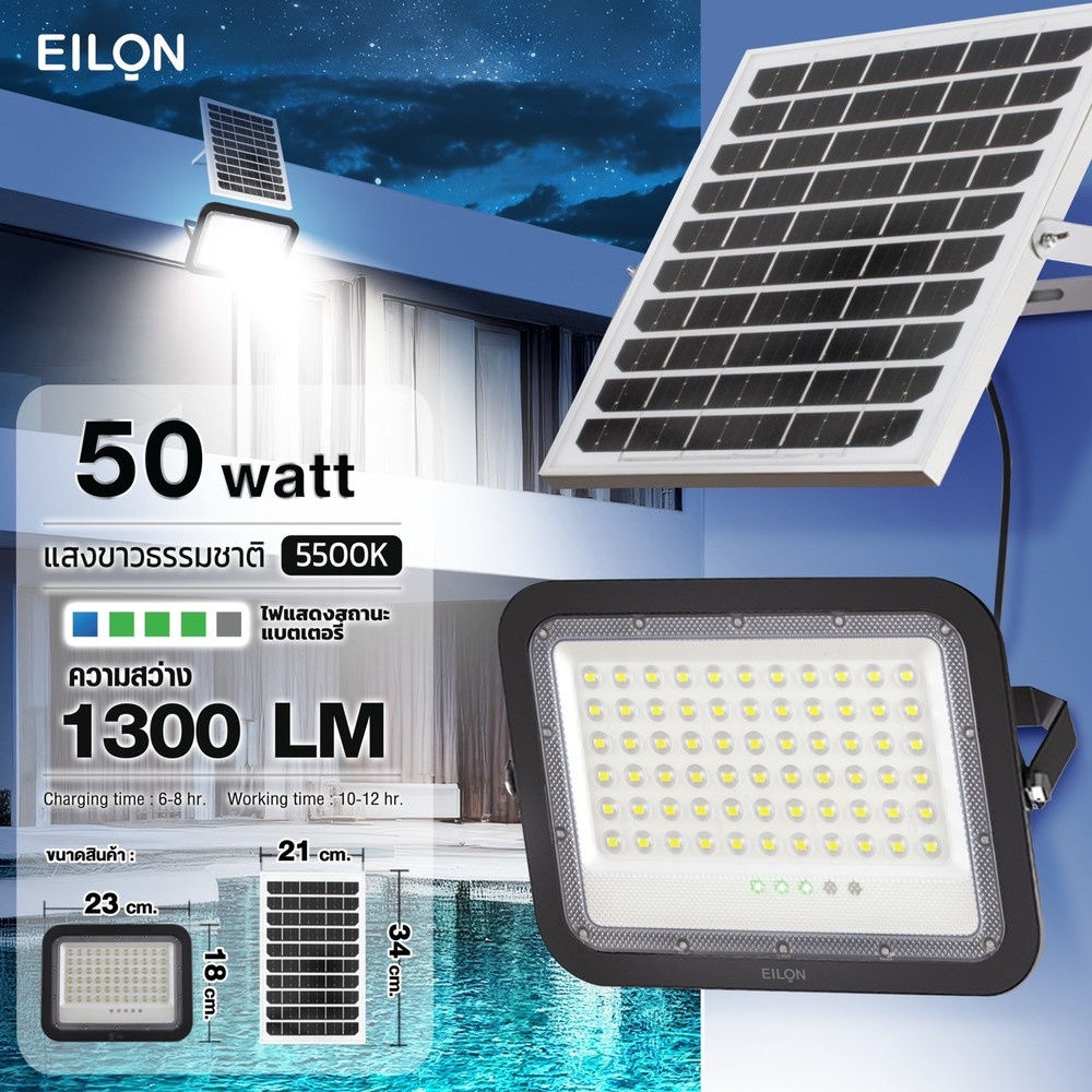 EILON โคมฟลัดไลท์โซล่าเซลส์ 50วัตต์ รุ่นZQ-YX-50W +รีโมท IP65 แสงขาวธรรมชาติ สีดำ