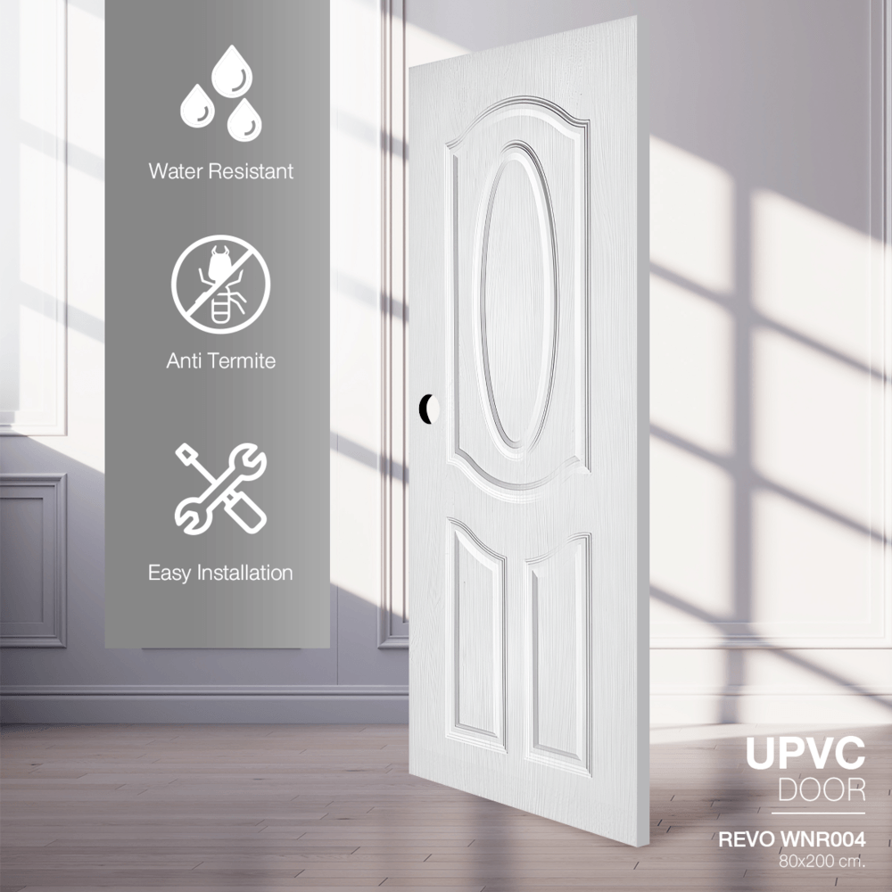 WELLINGTAN ประตู UPVC รุ่น WT004N (สำหรับใช้ภายนอก) ลูกฟัก ขนาด 80x200 ซม. สีขาว (เจาะลูกบิด)