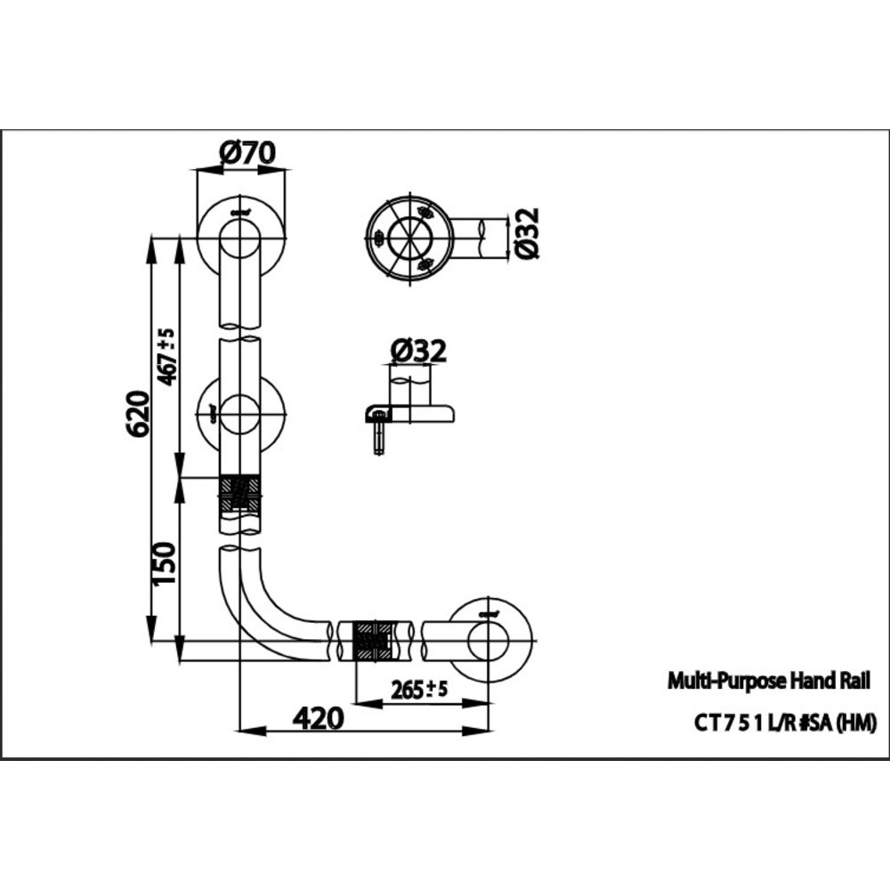 Cotto ราวทรงตัวรูปตัว L ผิว HAIRLINE รุ่น CT751L/R#SA(HM) ขนาด 60x40 ซม.