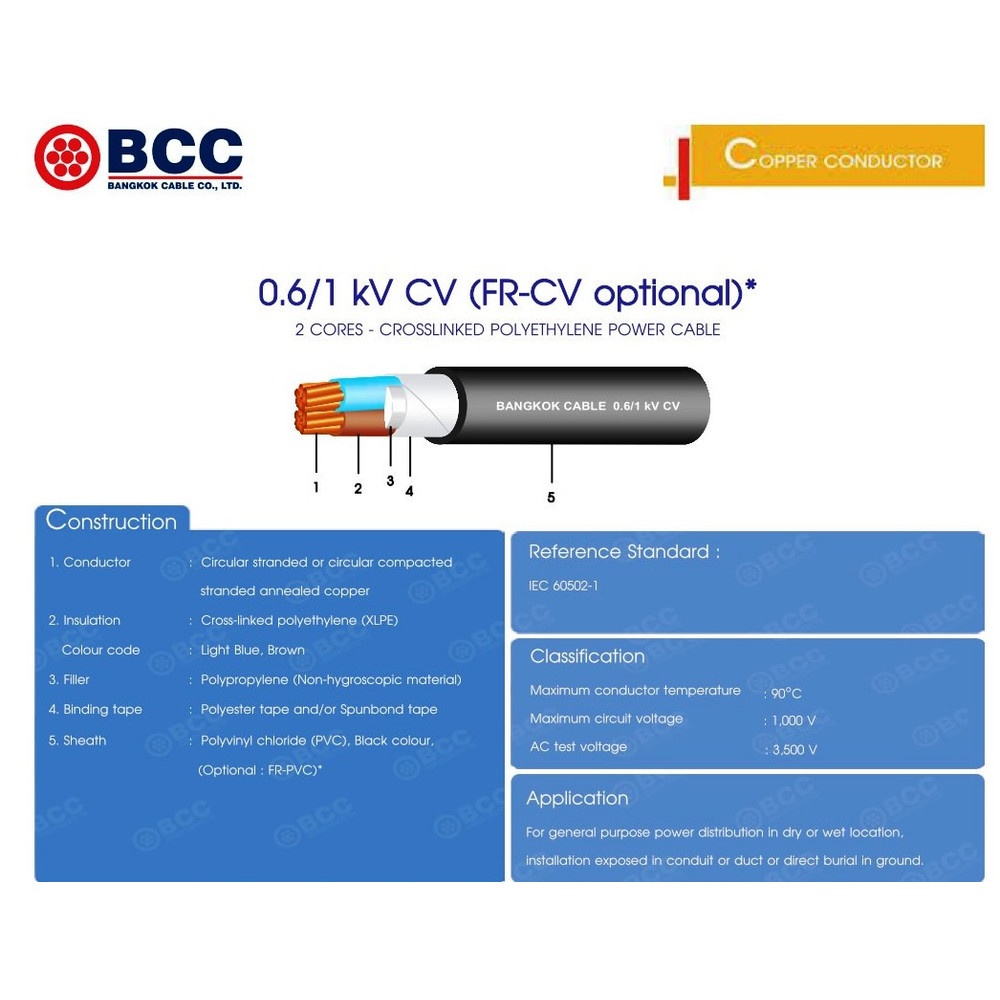 BCC สายไฟ kV CV 2x4 ตร.มม. 100 m. สีดำ