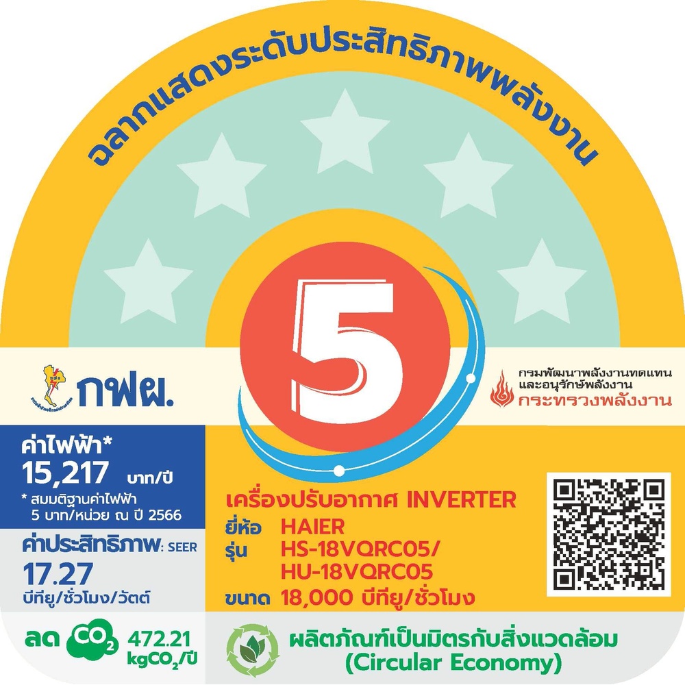 HAIER เครื่องปรับอากาศ Inverter ขนาด 18,000 BTU รุ่น HSU-18VQRC05 สีขาว