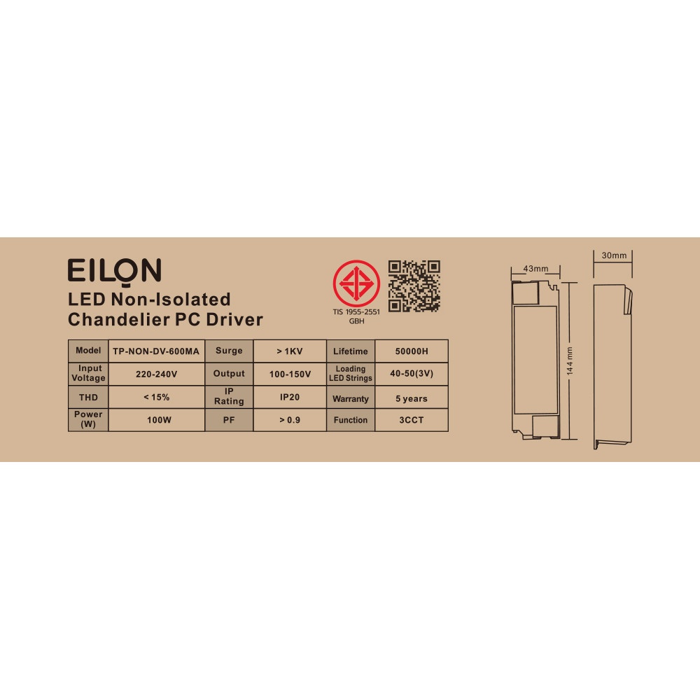 EILON แอลอีดี ไดร์เวอร์ 100W Non-isolated 600mA (ควบคุม 3 สี) รุ่น TP-NON-DV-600MA IP20 สีขาว