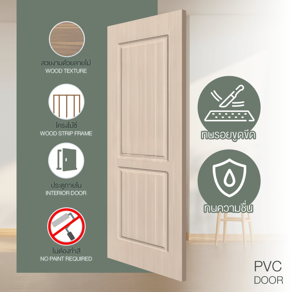 HOLZTUR ประตูปิดผิวพีวีซี บานทึบลูกฟัก PVC-P19-2 80x200ซม. SILVER OAK