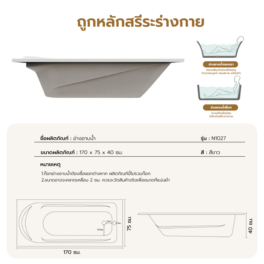 Verno อ่างอาบน้ำแบบก่อ มีมือจับ พร้อมสะดืออ่างและท่อน้ำทิ้ง รุ่น Mamba-N1027 ขนาด 170x75x40 ซม. (½)