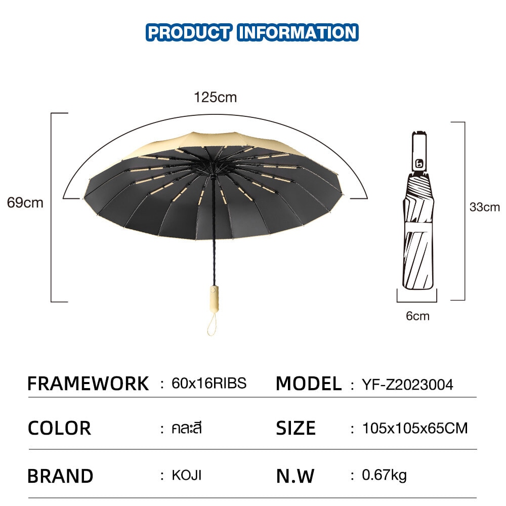 KOJI ร่มพับ UV 3 ตอน แบบอัตโนมัติ 24 นิ้ว 16 ก้าน รุ่น YF-Z2023004 ขนาด 105x105x659 ซม. คละสี