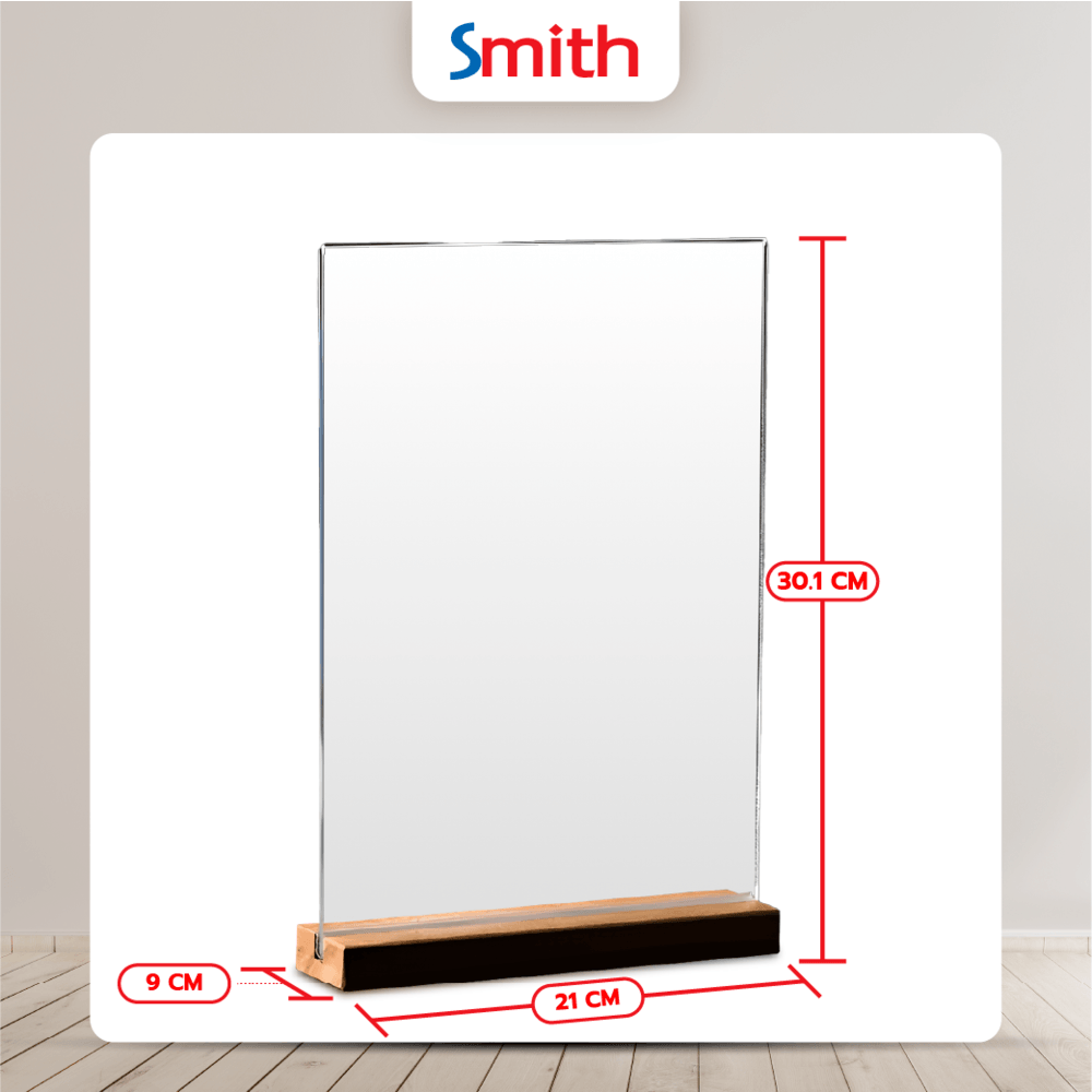 SMITH ป้ายอะคริลิคฐานไม้ A4 แนวตั้ง SH-A4SW ขนาด 21x30.1cm