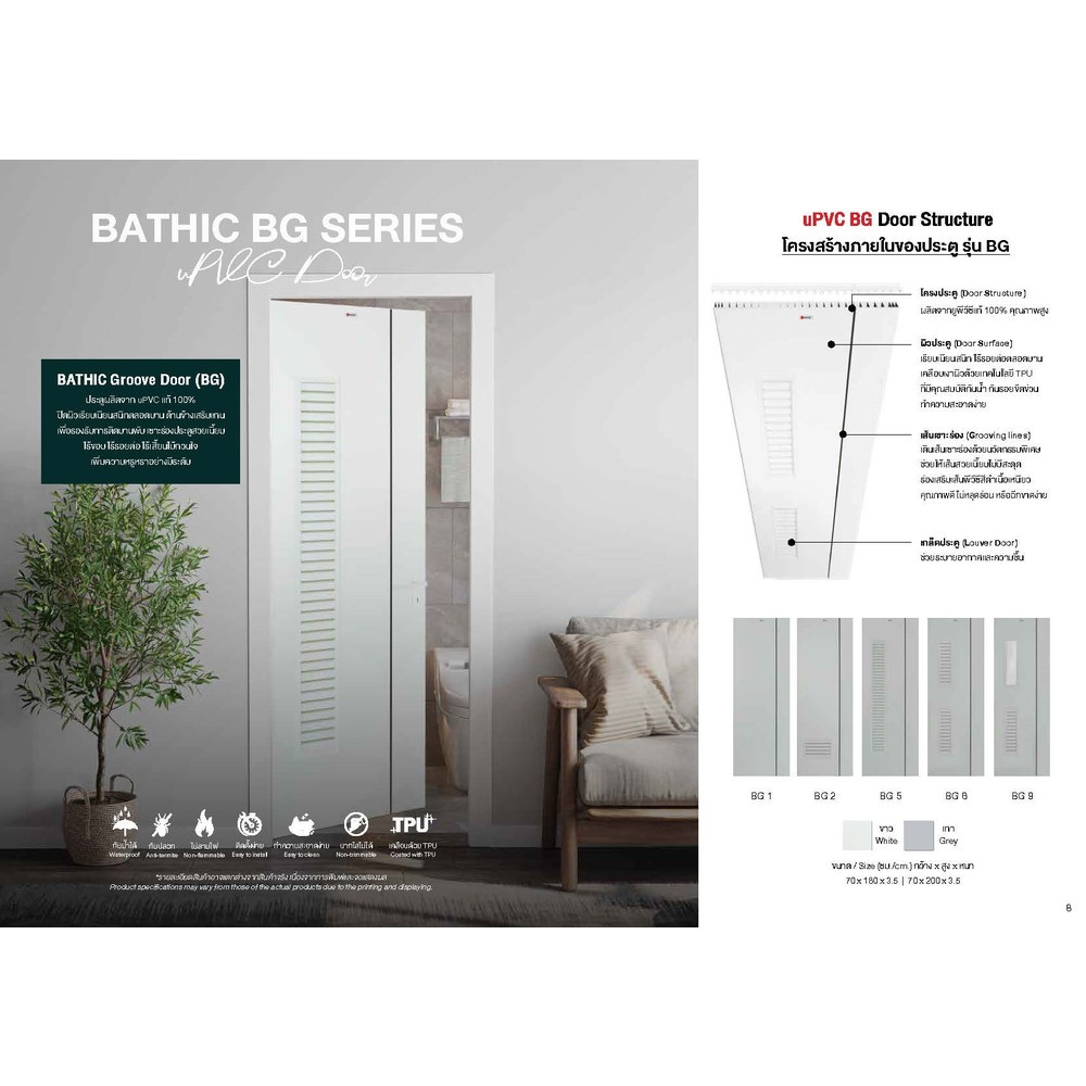 BATHIC ประตูยูพีวีซี รุ่น Groove BG5 ขนาด 70x200 ซม. สีขาว (เจาะลูกบิด)