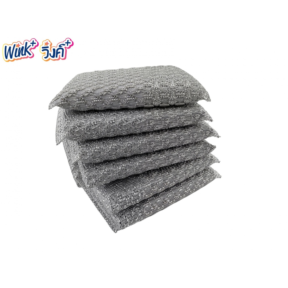 Wink Plus ฟองน้ำล้างจานหุ้มใยขัดอัลตร้าซิลเวอร์ แพ็ค 6 ชิ้น ขนาด 13x9 ซม. สีเงิน
