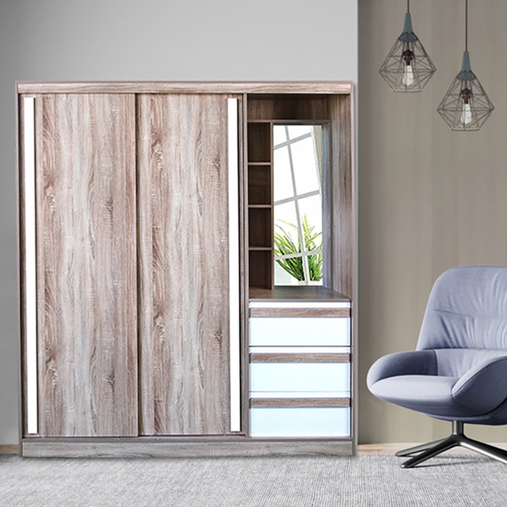 DELICATO ตู้เสื้อผ้าสองบานเลื่อน โต้ะเครื่องแป้งในตัว รุ่น อปาเช่ ขนาด180x60x200 ซม. สีทูโทนน้ำตาล/ขาว