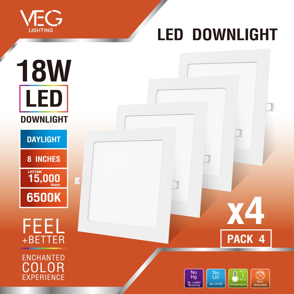 V.E.G.lighting ดาวน์ไลท์ LED แบบฝังหน้าเหลี่ยม 8 นิ้ว 18W รุ่นTP-SDW-18DL-4V แสงเดย์ไลท์ (แพ็ก 4 ชิ้น)