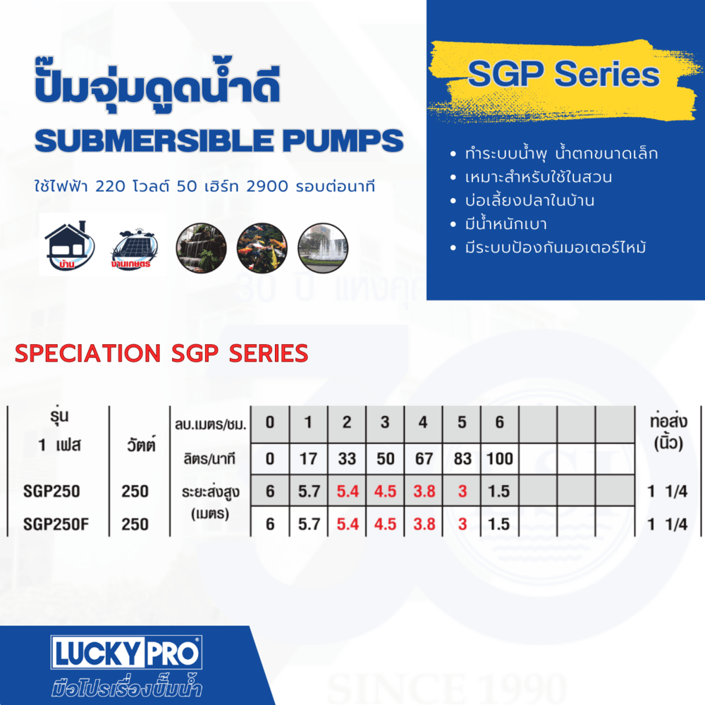 LUCKY PRO ปั๊มจุ่มสเตนเลส 250W ท่อ 1 1/4" รุ่น LP-SGP250