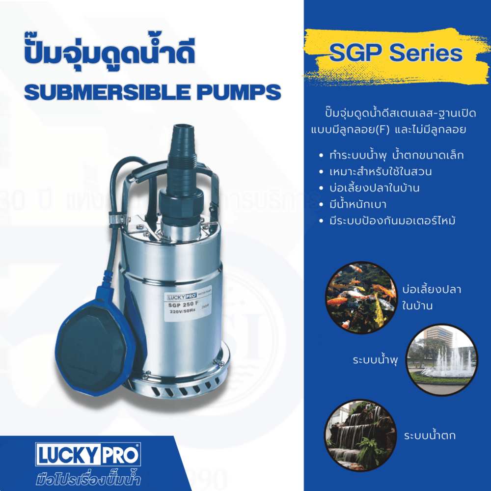 LUCKY PRO ปั๊มจุ่มสเตนเลสพร้อมลูกลอย 250W ท่อ 1 1/4" รุ่น LP-SGP250F