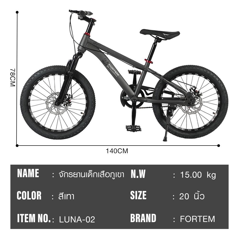 FORTEM จักรยานเด็กเสือภูเขา รุ่น Luna-02 ขนาด 20 นิ้ว สีเทา
