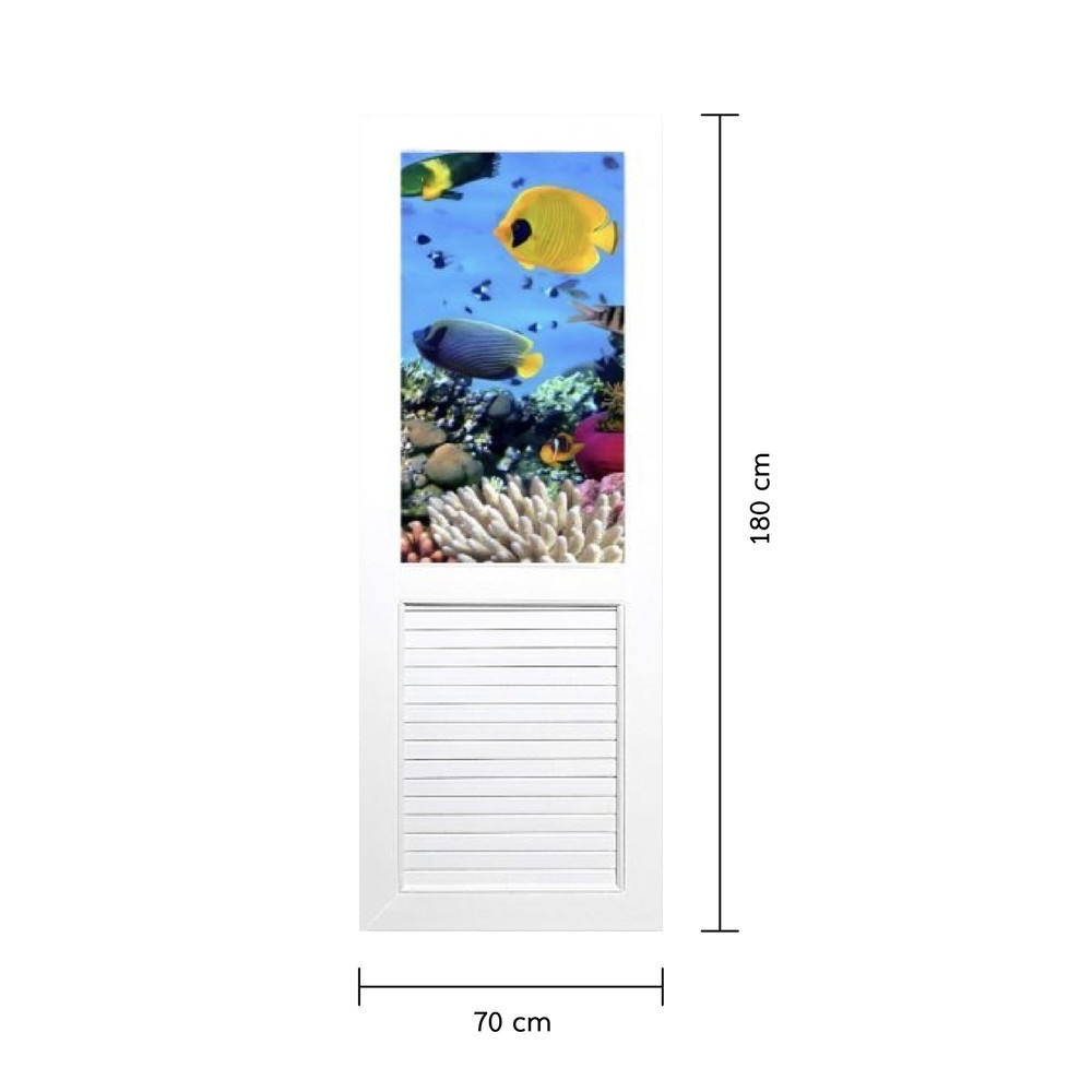 WELLINGTAN ประตู UPVC พร้อมวงกบ ติดภาพลายปลาทะเล รุ่น SO-012 ขนาด 70x180ซม. สีขาว (ไม่เจาะรูลูกบิด)