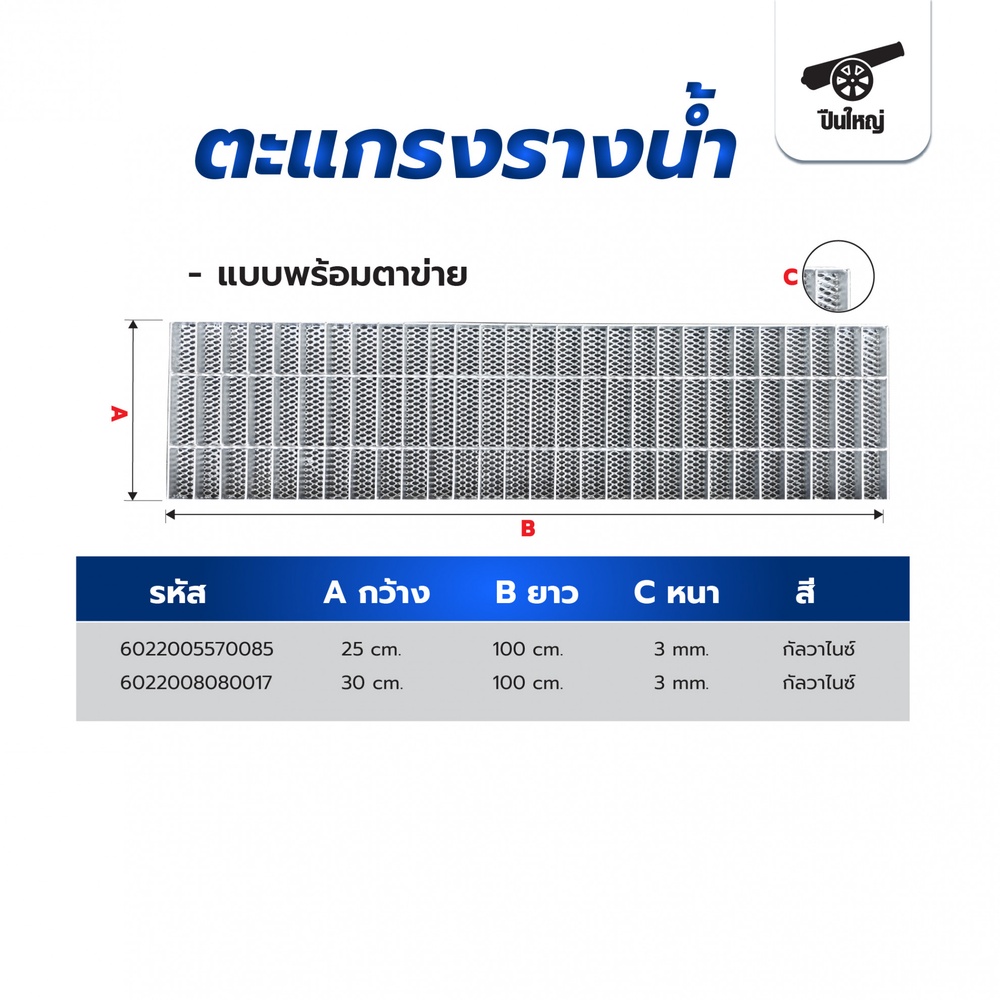 ปืนใหญ่ ตะแกรงรางน้ำ พร้อมตาข่าย ขนาด 25x100x2.5ซม. สีเงิน หนา 3 มม. สีเงิน