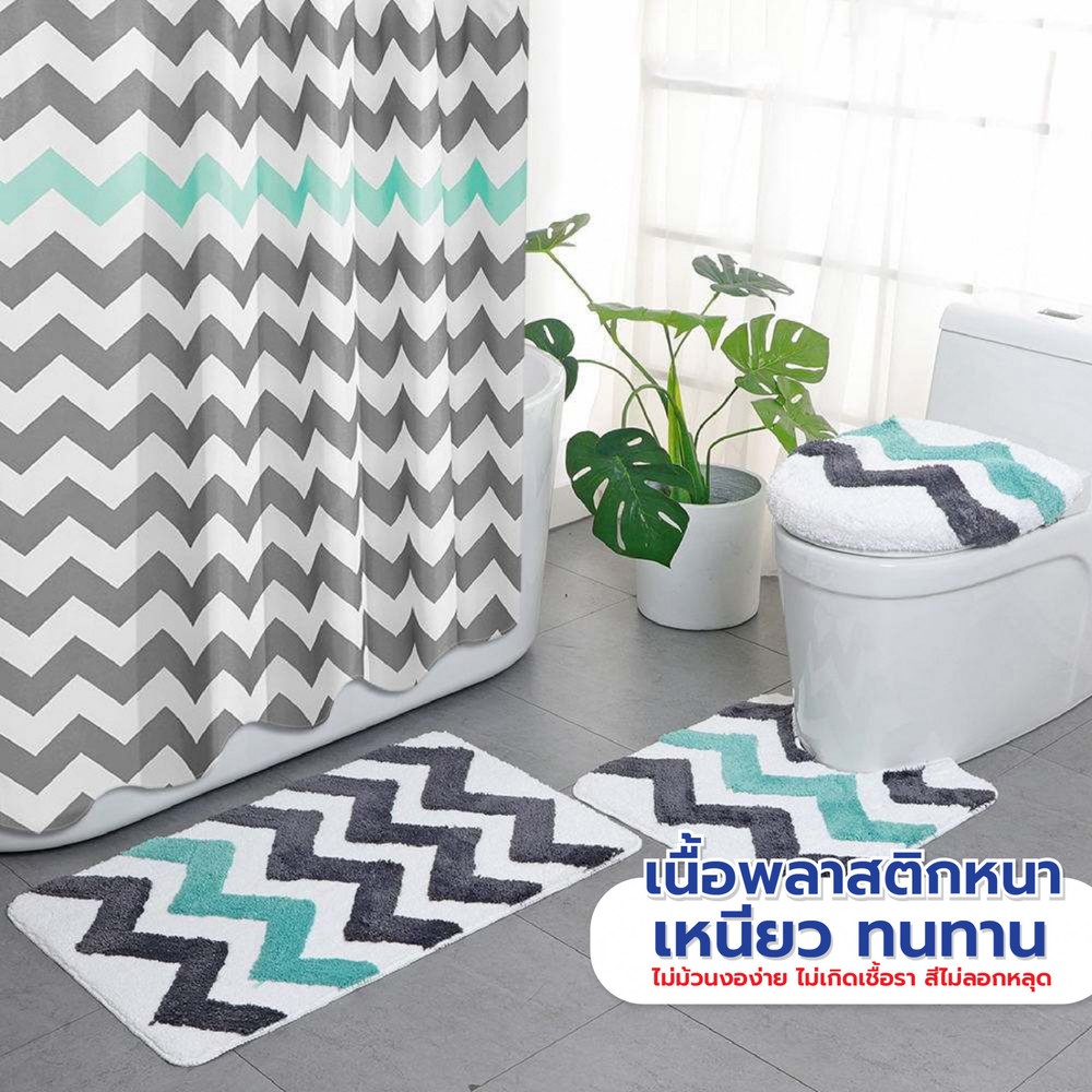 Primo ม่านห้องน้ำโพลีเอสเตอร์ ลายกราฟฟิกคาดฟ้า รุ่น DDF001-BU ขนาด 180x180 ซม. สีเทา